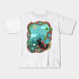 Black Cat and the Sky Koi Pond Kids T-Shirt